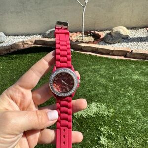 Geneva ladies Cherry red rubber band watch jeweled bezel